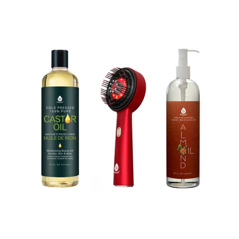 The Ultimate Hair & Beauty Wellness Bundle LED Therapy Brush, Castor Oil, & Sweet Almond Oil