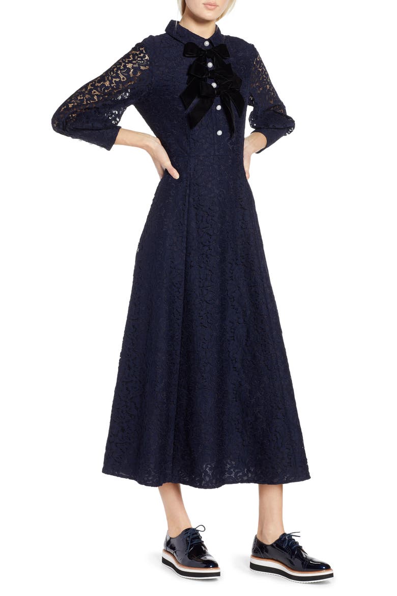 x Atlantic-Pacific Bow Detail Lace Midi Dress, Main, color, NAVY