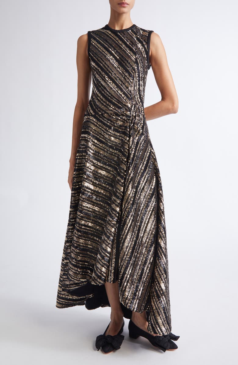 Giambattista Valli Sequin Stripe Asymmetric Midi Dress, Main, color, Black/ Gold