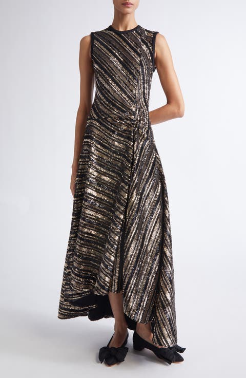 Sequin Stripe Asymmetric Midi Dress