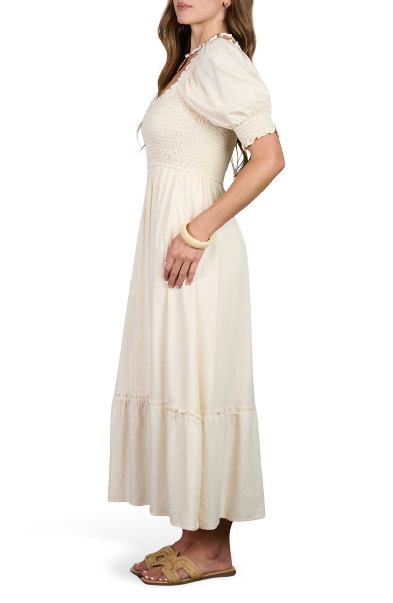 AUGUST SKY Smocked Puff Sleeve Midi Dress, Alternate, color, Cream
