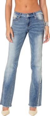 EDIKTED Distressed Frayed Low Rise Flare Jeans | Nordstrom