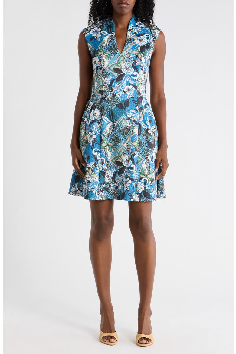 Floral Sleeveless Scuba Fit & Flare Dress, Main, color, BLUE MULTI