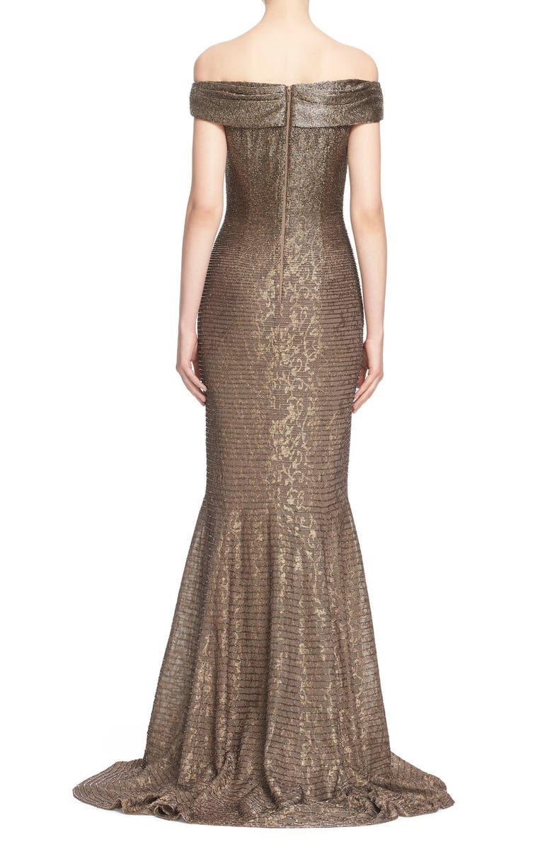 Carmen Marc Valvo Couture Beaded Off the Shoulder Lace Mermaid Gown, Alternate, color,