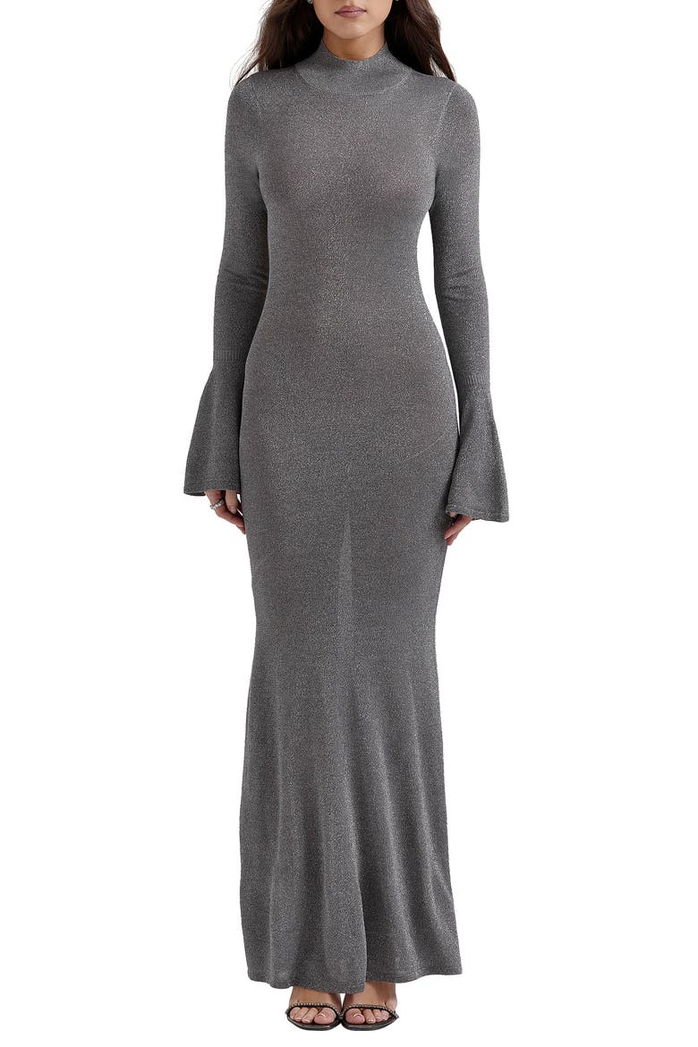 Sancha Open Back Long Sleeve Semisheer Body-Con Maxi Dress, Main, color, GREY