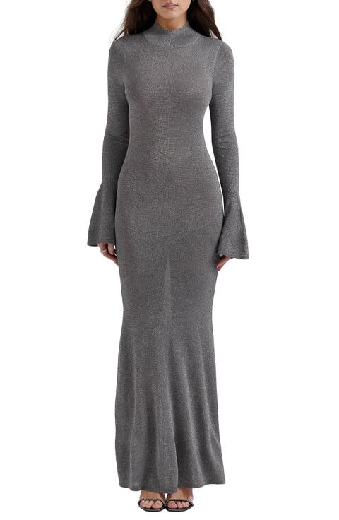 Sancha Open Back Long Sleeve Semisheer Body-Con Maxi Dress