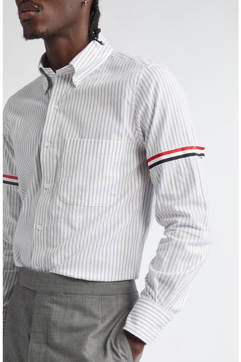 Armband Stripe Cotton Button-Down Shirt, Alternate, color, MEDIUM GREY