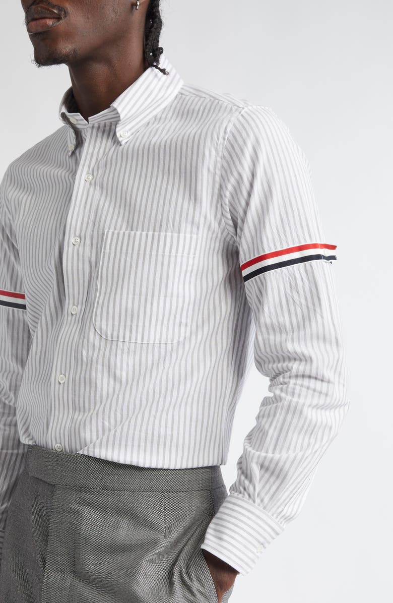 Thom Browne Armband Stripe Cotton Button-Down Shirt, Alternate, color, Medium Grey
