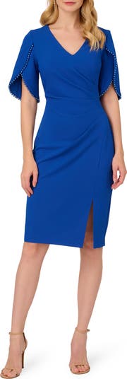 Adrianna Papell Pleated Imitation Pearl Trim Crepe Sheath