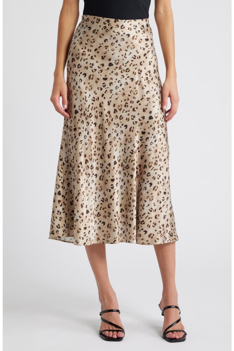 Anya Leopard Print Satin Midi Skirt, Main, color, CHAMPAGNE LEOPARD