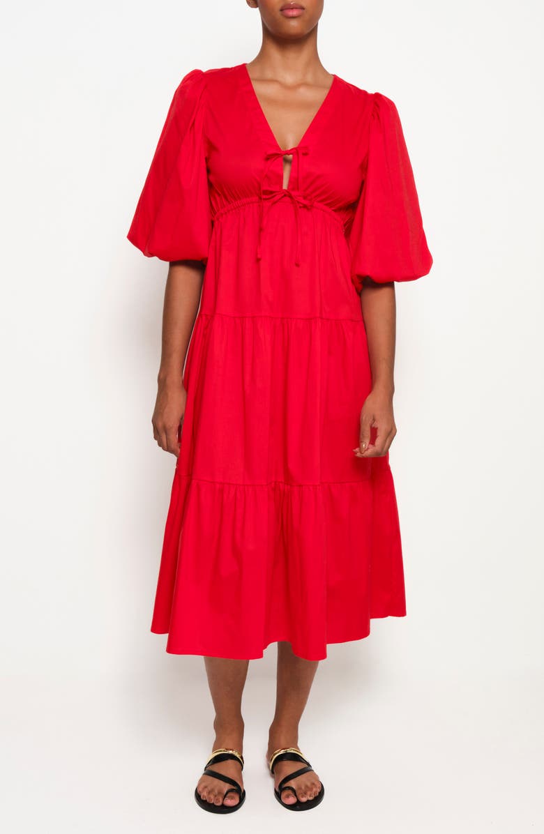 The Lulo Project Lilies Tie Front Stretch Cotton Midi Dress, Main, color, Red