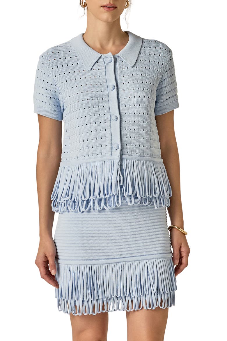 Fringe Trim Knit Button-Up Top, Alternate, color, POWDER BLUE