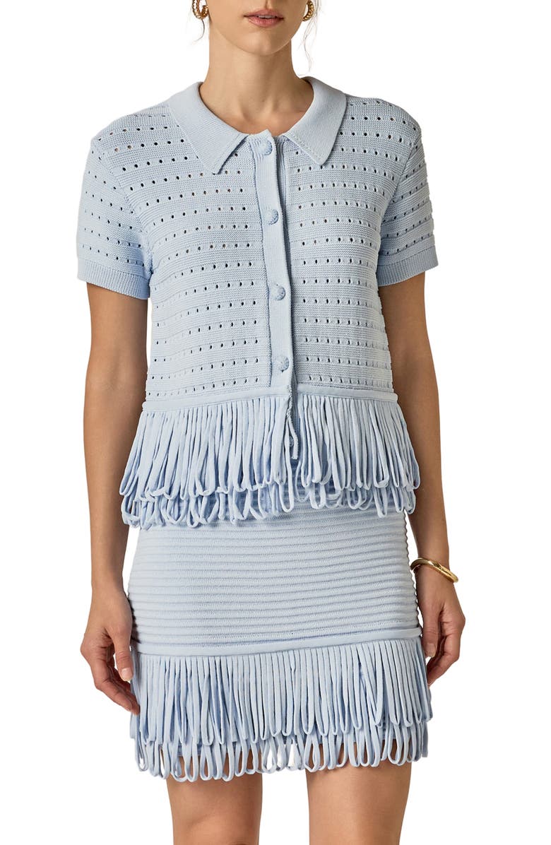 English Factory Fringe Trim Knit Button-Up Top, Alternate, color, Powder Blue