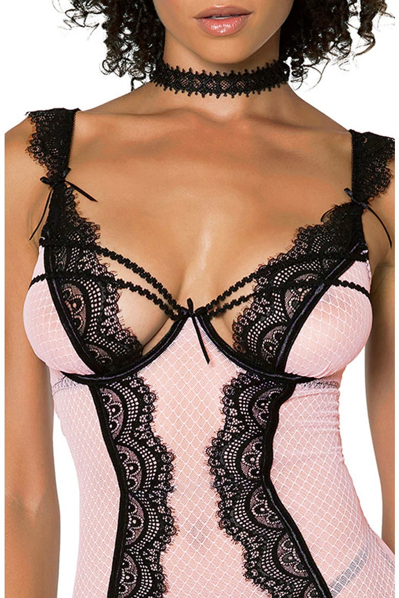 Lace Trim Underwire Basque with Garter Straps & G-String Thong, Alternate, color, PINK/BLACK