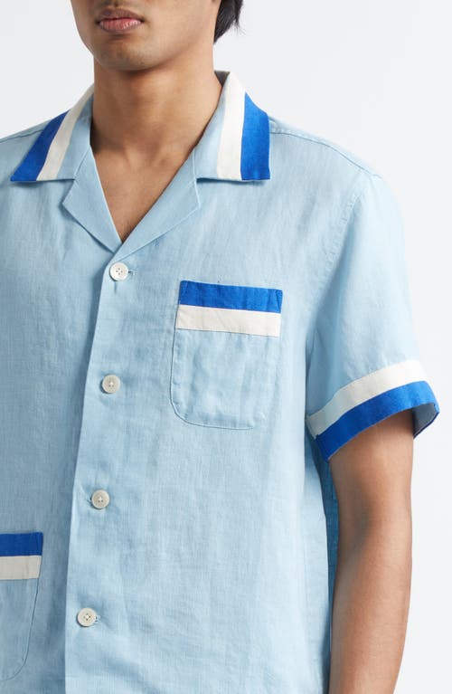 Bode Seedling Stripe Linen Camp Shirt In Blue/white
