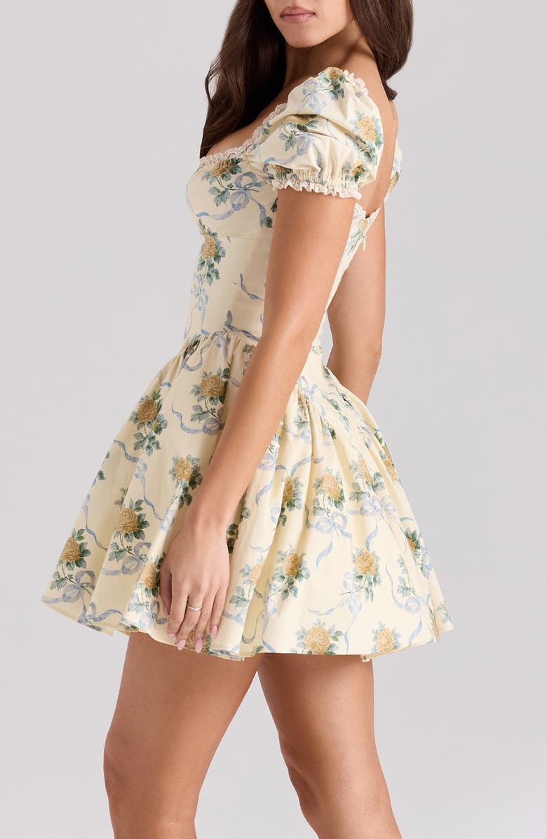 HOUSE OF CB Rosie Puff Sleeve Stretch Cotton Mini Sundress, Alternate, color, Yellow Rose Print