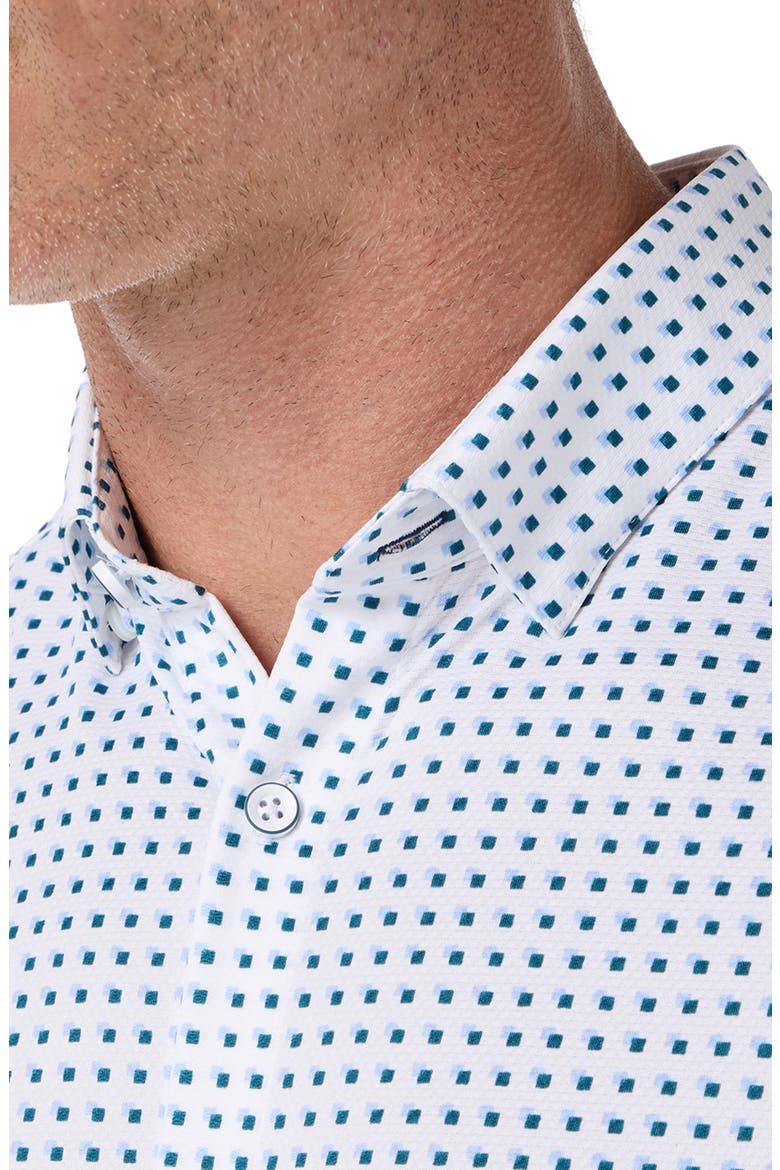 Halyard Trim Fit Square Print Short Sleeve Performance Button-Up Shirt, Alternate, color, DARK TEAL CORNERSTONE TRIM