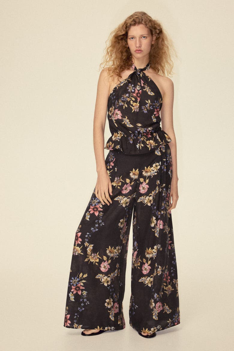 Wide-leg Viscose-blend Pants, Main, color, Black/floral