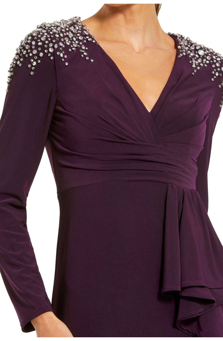 Mac Duggal Long Sleeve Gown with Cascading Ruffle & Rhinestone Shoulders, Alternate, color, Amethyst