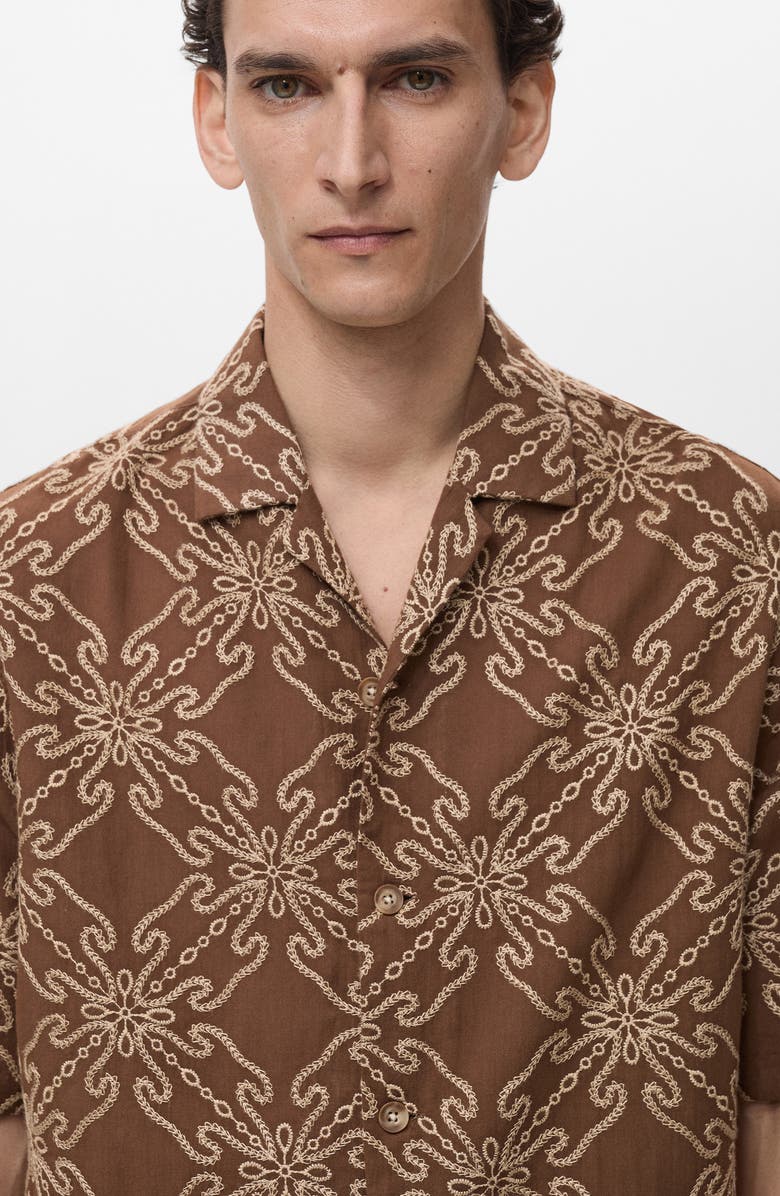 MANGO Embroidered Cotton Blend Camp Shirt, Alternate, color,