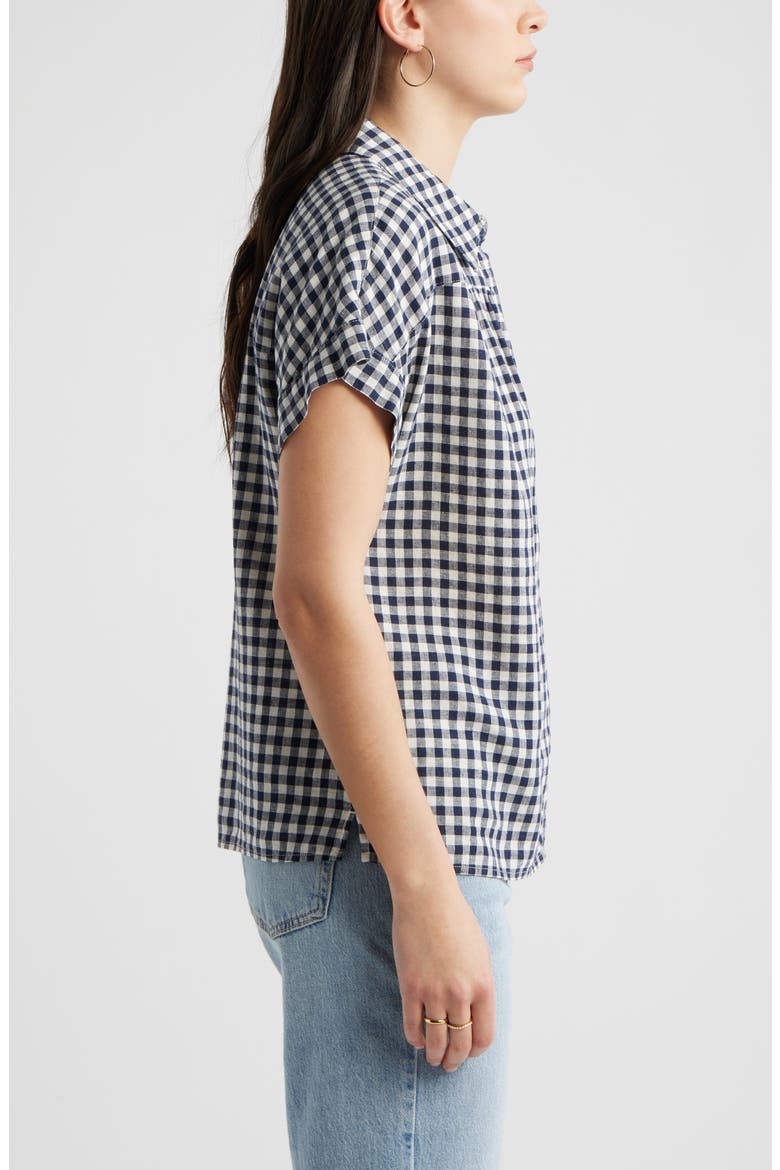 Short Sleeve Linen Blend Button-Up Shirt, Alternate, color, NAVY STILL- IVORY BEA GINGHAM