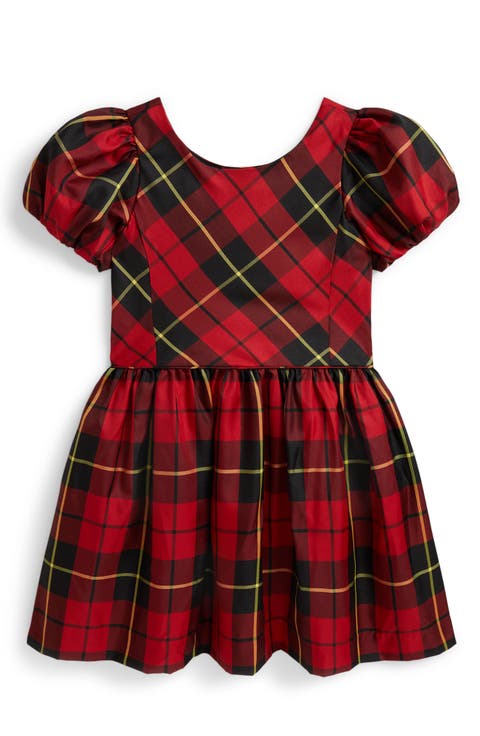 Kids' Plaid Puff Sleeve Taffeta Party Dress