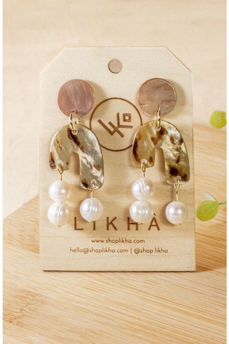 Mother-of-Pearl Asymmetrical Drop Earrings, Alternate, color, Brown