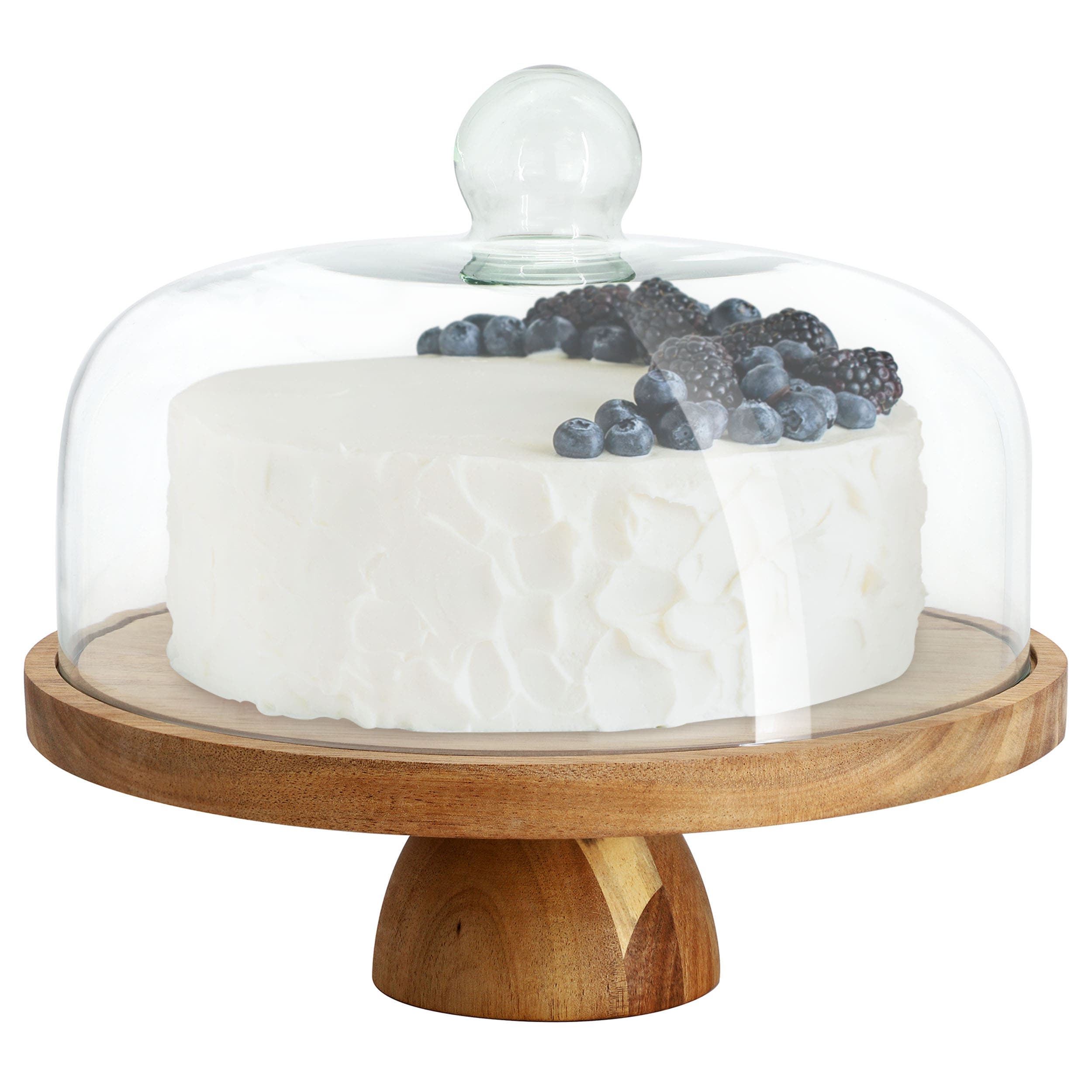 Megachef Acacia Wood Multi-Function Cake Stand with Glass Dome Lid - Acacia