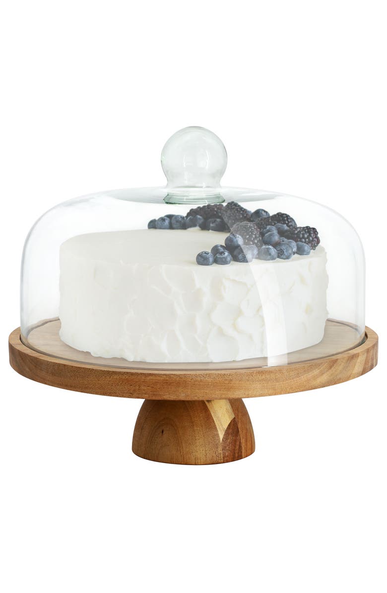 Megachef Acacia Wood Multi-Function Cake Stand with Glass Dome Lid, Main, color, Acacia