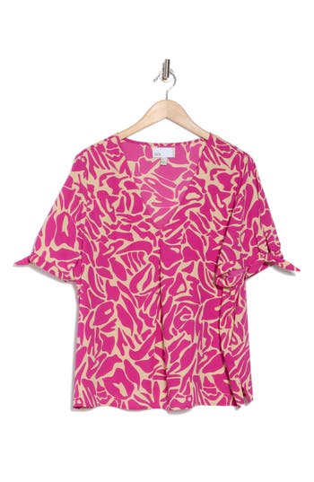 Nordstrom Rack V-neck Tie Short Sleeve Top In Pink- Tan Abstract Animal