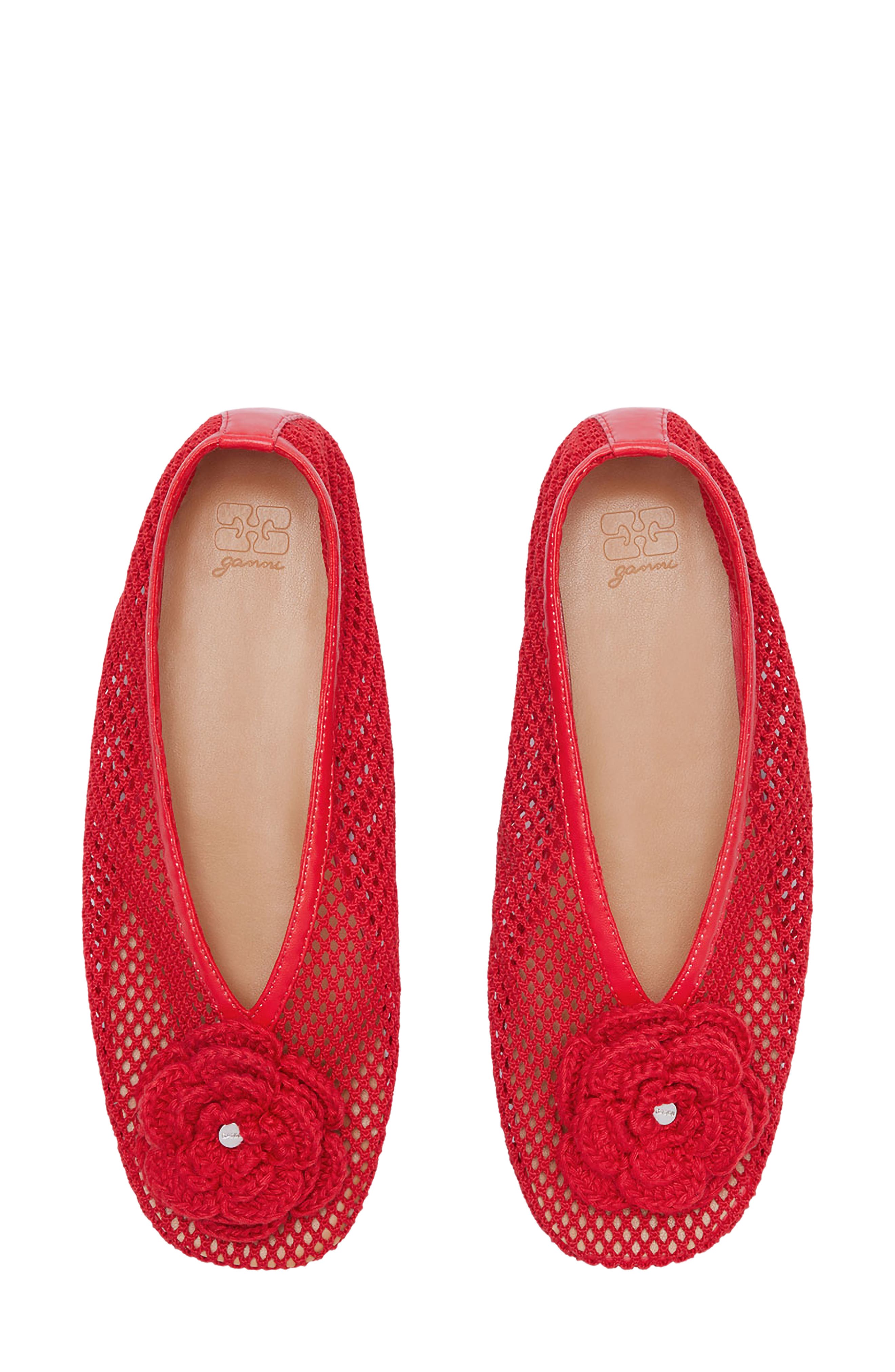 Ganni Jenny Flower Mesh Ballerina Flat, Alternate, color, Goji Berry