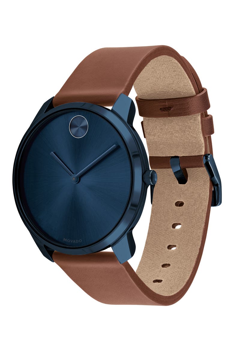 Bold Leather Strap Watch, 42mm, Alternate, color, BROWN/ BLUE
