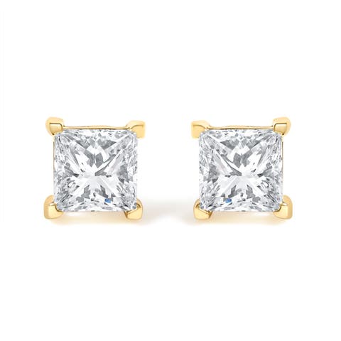 IGI Certified 14k Yellow Gold 1/2 Ct Princess Solitaire Diamond Stud Earrings