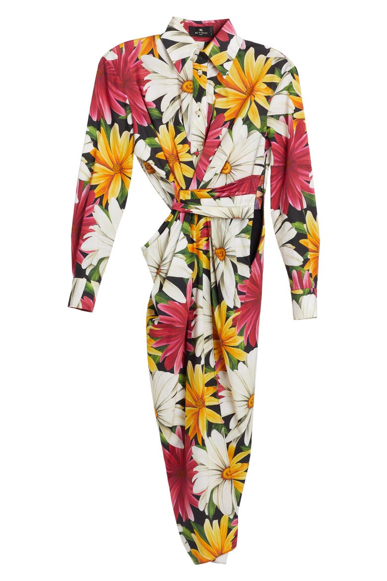 Abito Floral Long Sleeve Stretch Cotton Shirtdress, Alternate, color, BLACK 1
