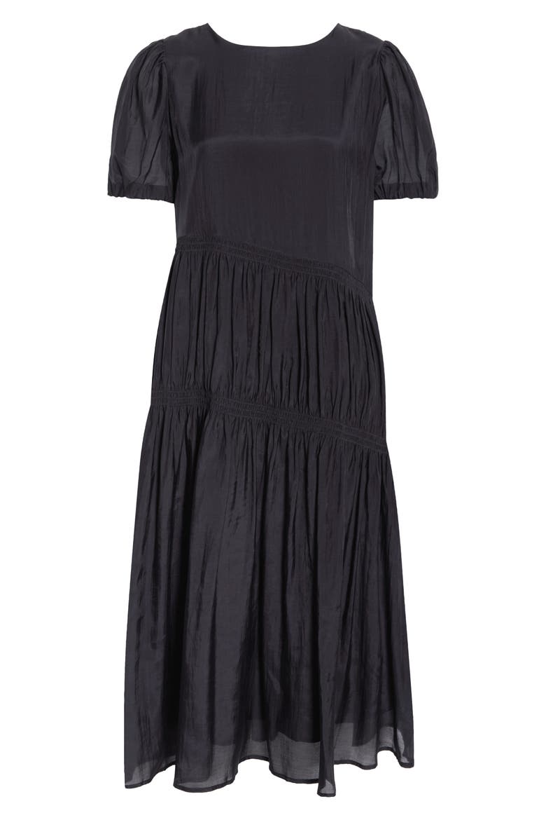 Puff Sleeve Smocked Tiered Midi Dress, Alternate, color, BLACK