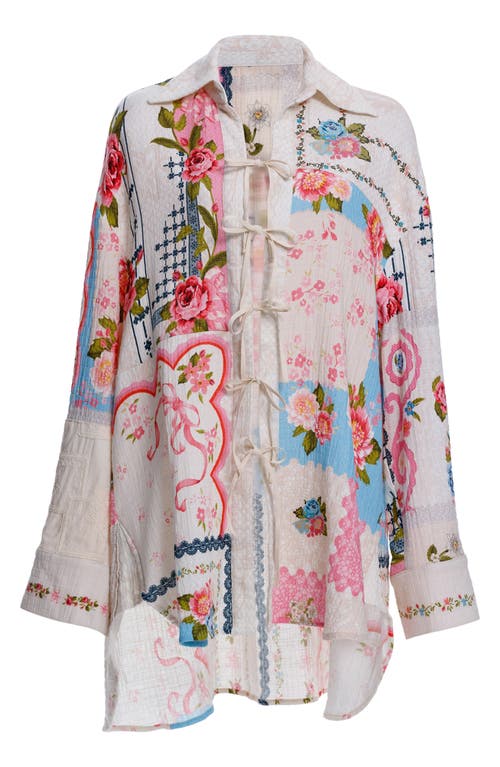 Agua Bendita Swan Meraki Long Sleeve Stretch Cotton Cover-up Tunic In Pink Multicolor