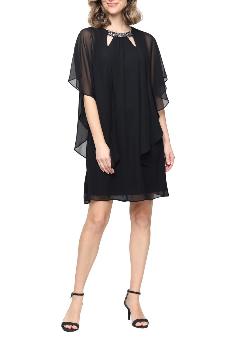 Jewel Chiffon Overlay Shift Dress, Main, color, BLACK