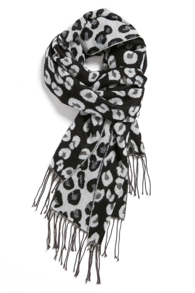 Animal Print Fringe Scarf, Main, color, GREY