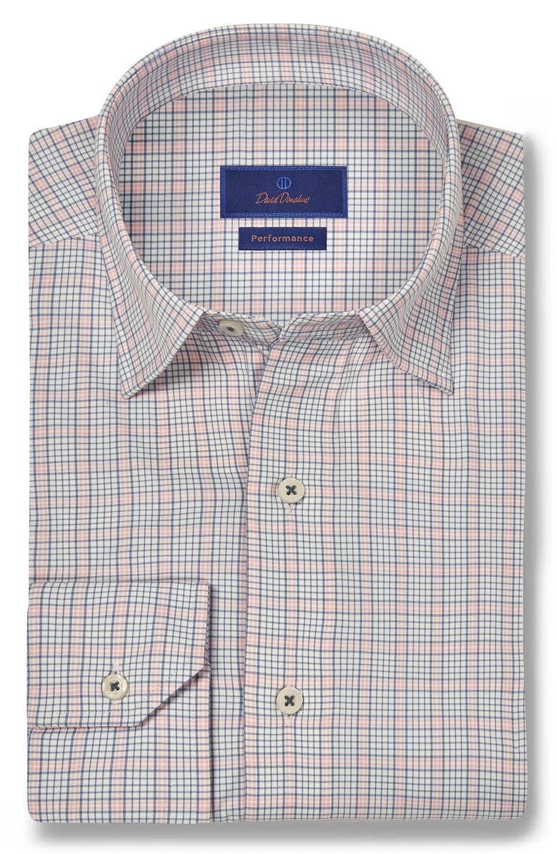 David Donahue Plaid Print Performance Sport Shirt, Main, color, Blue/ Pink