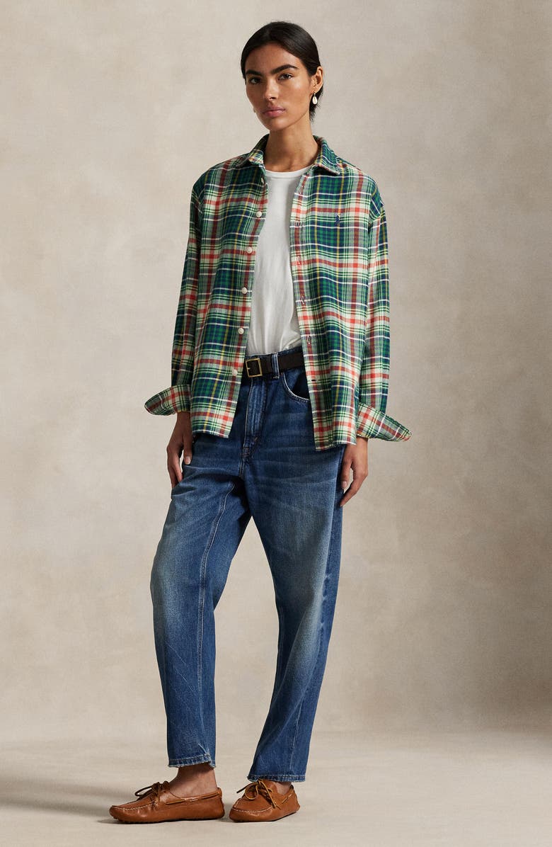 Polo Ralph Lauren Plaid Cotton Flannel Button-Up Shirt, Alternate, color, Cream-Navy-Green Multi