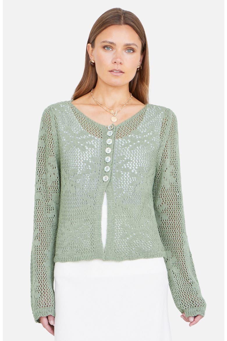 Flower Crochet Button Up Cardigan, Main, color, Sage Green