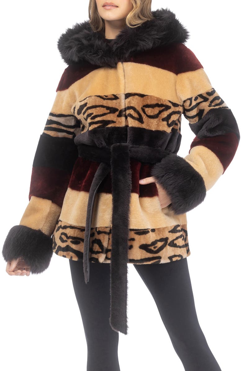 GORSKI Genuine Shearling Parka with Genuine Shearling Hood Trim & Cuffs, Belt, Main, color, Wine/Camel/Ocelo Print/Brown