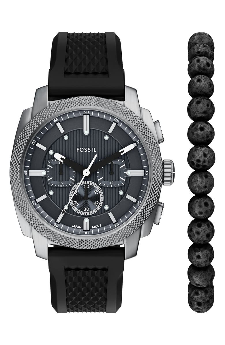 Fossil Machine Chronograph Silicone Strap Watch & Bracelet Set, 44mm, Main, color, Black