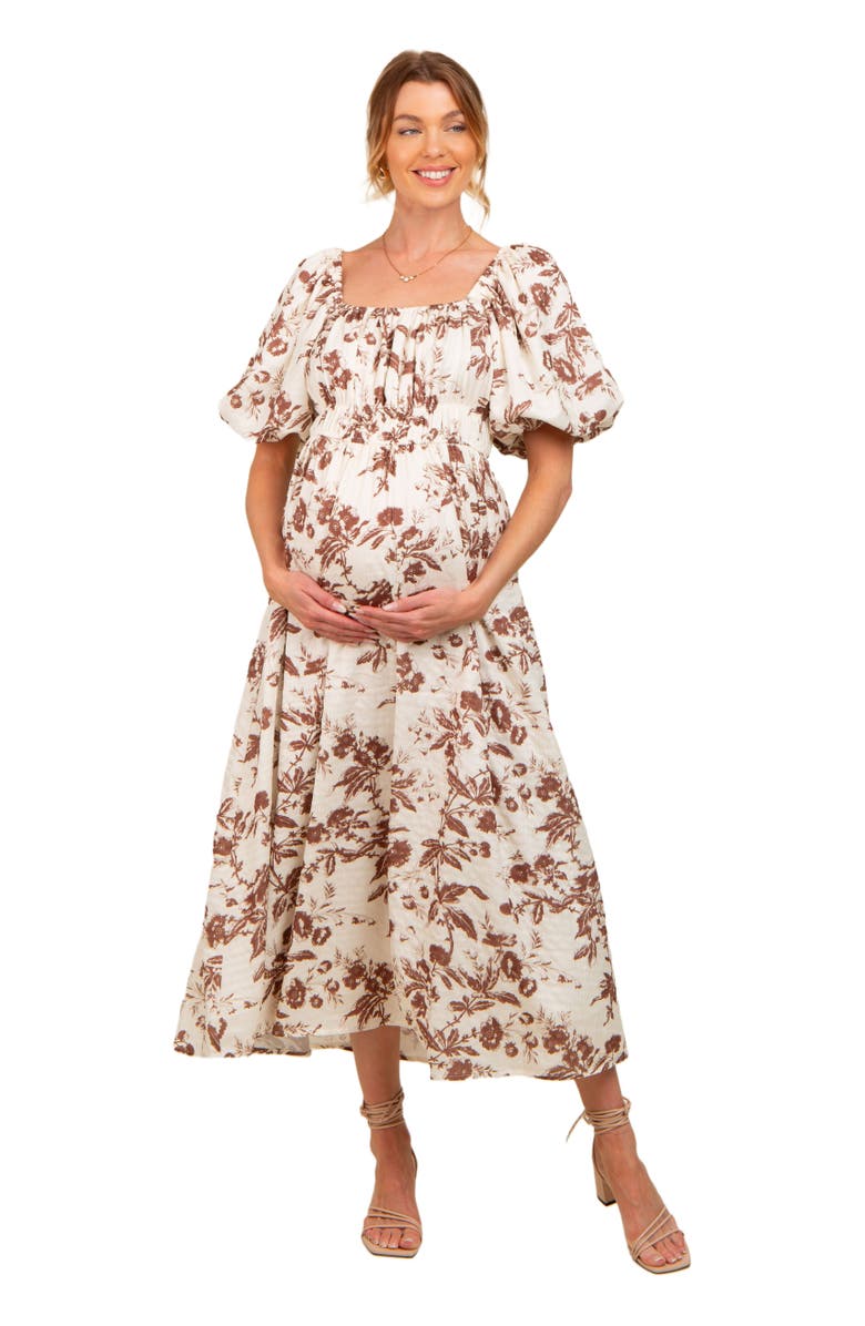 PinkBlush Floral Puff Sleeve Midi Dress, Alternate, color, Brown