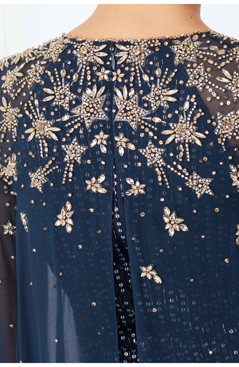 Jenny Packham Moonlight star-embellished cape-design maxi dress, Alternate, color, Blackthorne Blue