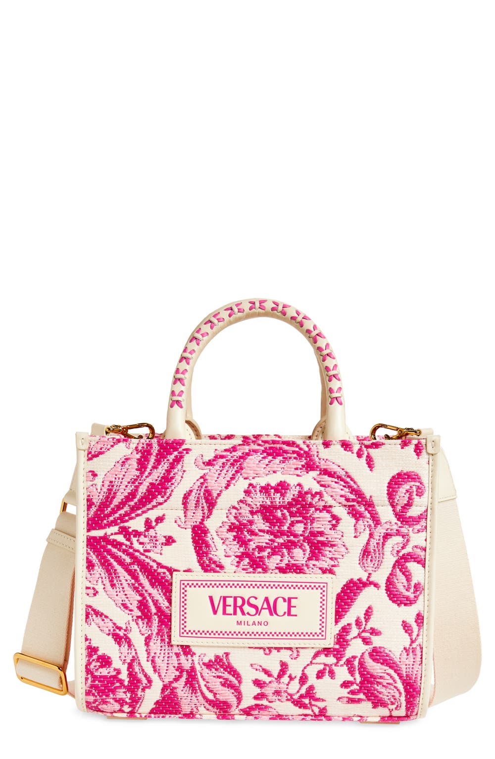 Small Barocco Raffia Tote, color, EGGSHELL DRAGON FRUIT