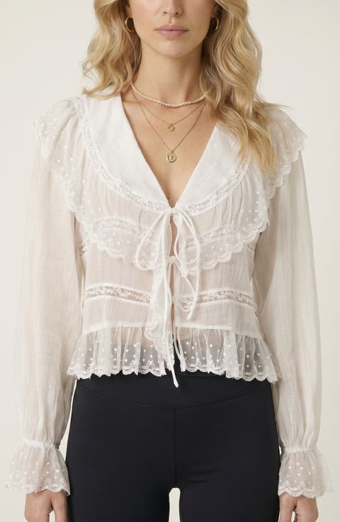 Ruffled Lace Trim Lightweight Tie Front Blouse