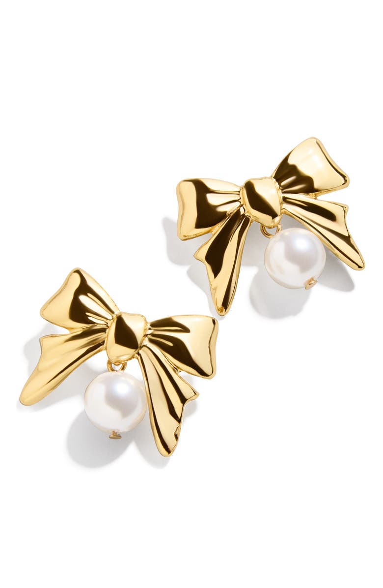 BaubleBar Faux Pearl Bow Drop Earrings, Main, color, Gold