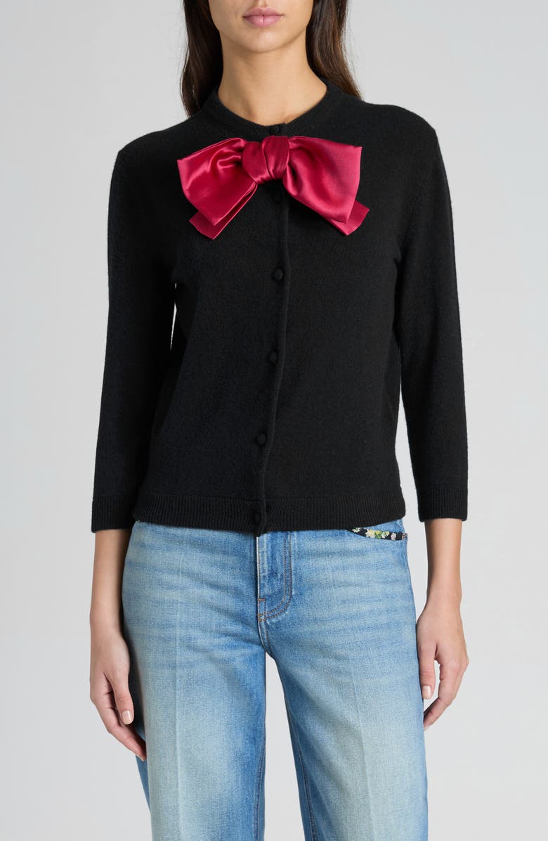 Valentino Garavani Satin Bow Virgin Wool Cardigan, Main, color, Black