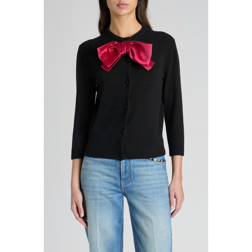 Valentino Garavani Satin Bow Virgin Wool Cardigan In Black